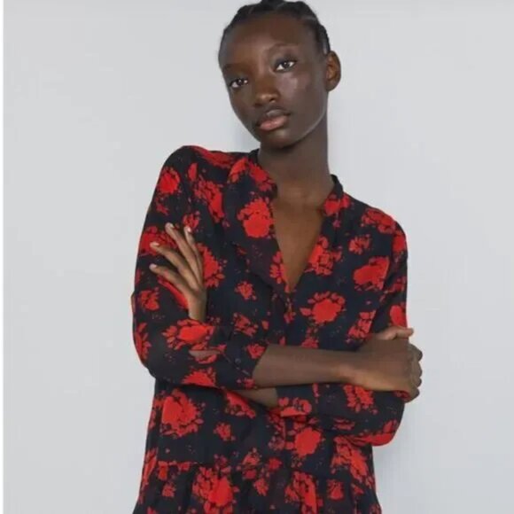 Zara Floral Print Black Red Rose Tiered Ruffle Mini Dress Size M EUC - Picture 3 of 12